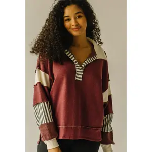 The Hicken Collared Pullover in Burgundy + Cream