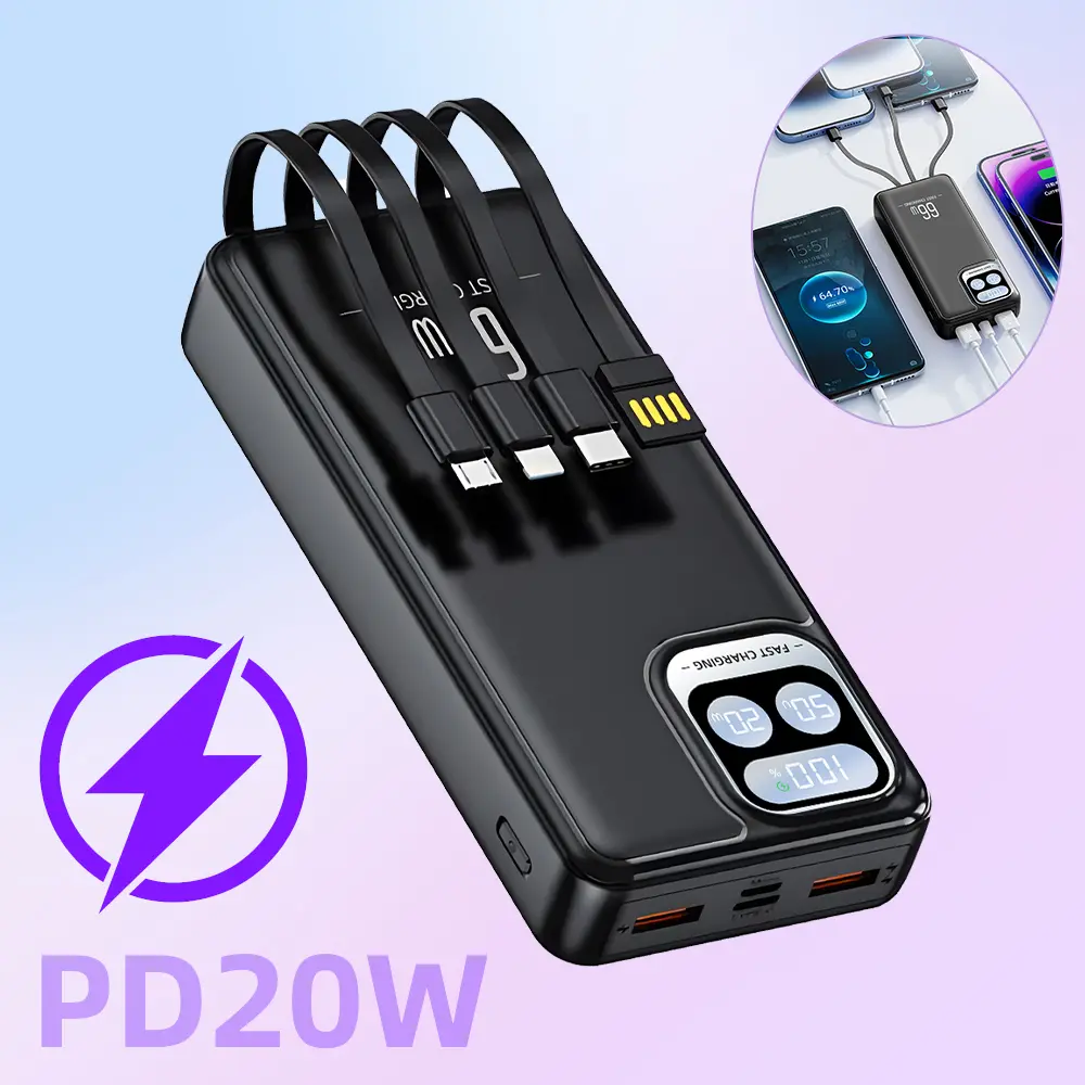 20000mAh 22.5W Fast Charging Power Bank with LED Flashlight Built-in Cables