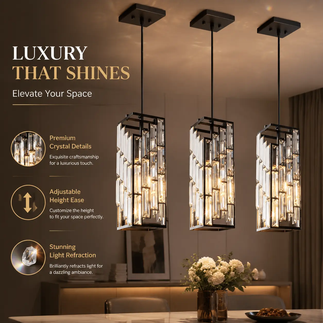 Black Pendant Lighting Modern Pendant Light, Mini Crystal Chandeliers,Adjustable Pendant Light Fixture for Kitchen Island Dinning Room Bedroom (3 Pack)