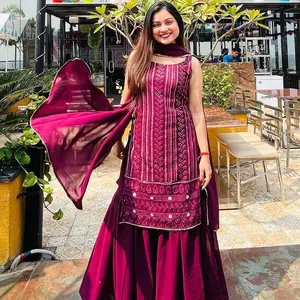 Women's Sharara Sleeveless Suit Thread Work Indian Casual Party Summer Wear Pants Womenswear