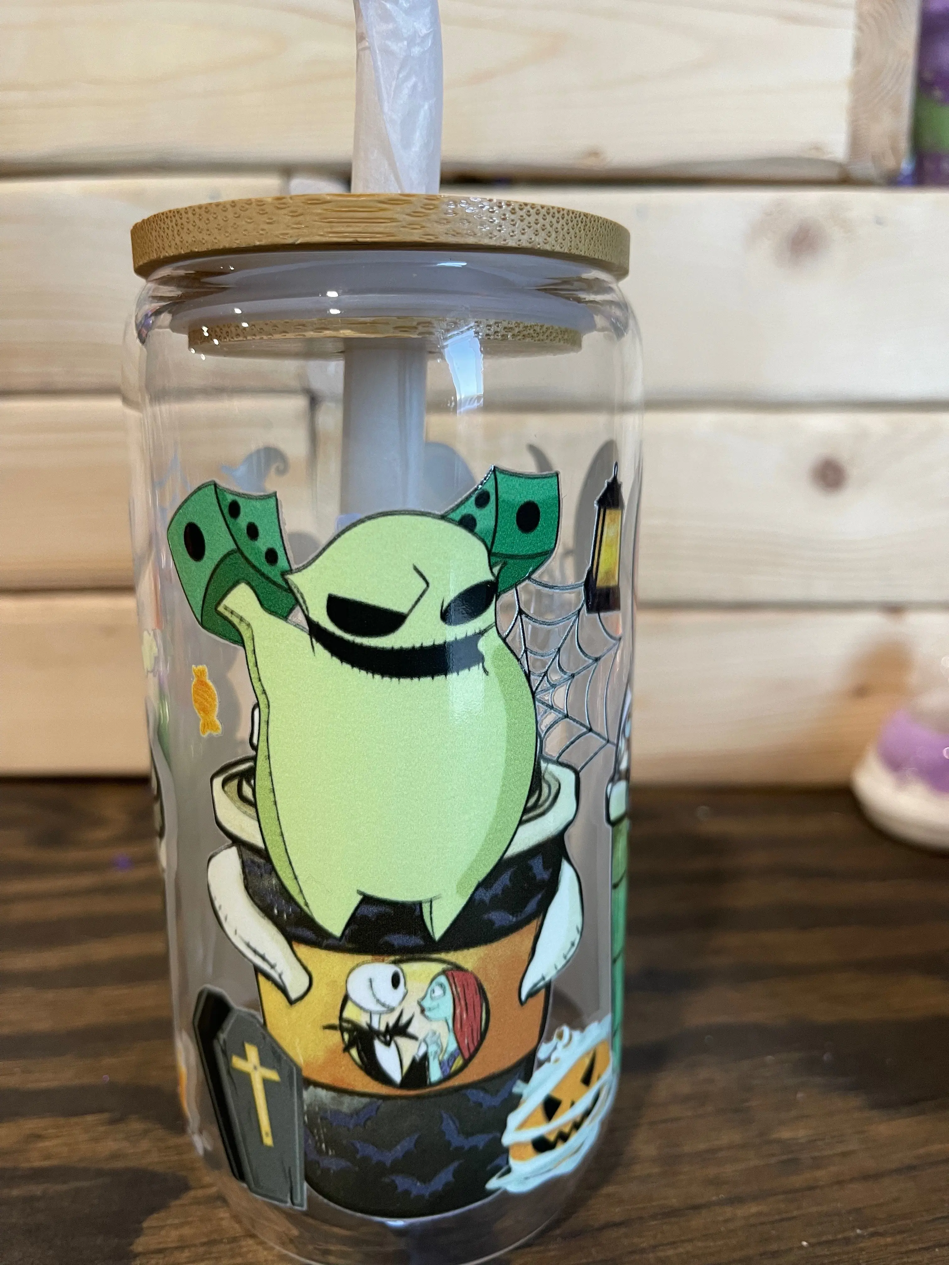 Oogie Boogie Coffee Glass Cup with glass straw