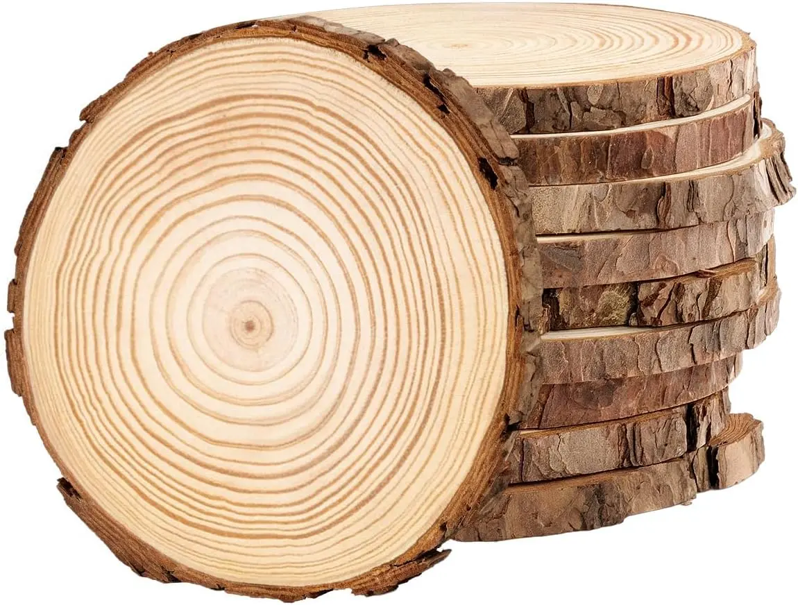 Unfinished Pine with Bark Wooden Circles, 10-Count 5.1-5.5 in DIY Woodwork Slices - Odorless, Easy Drawing Crafts for Rustic Wedding Decorations