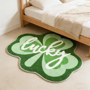 St Patrick Theme Irregular Shape Lucky Four-Leaf Clover Carpet Rug, Soft Washable Plush Mat, Decorative Rug Mat for Living Room Bedroom Office