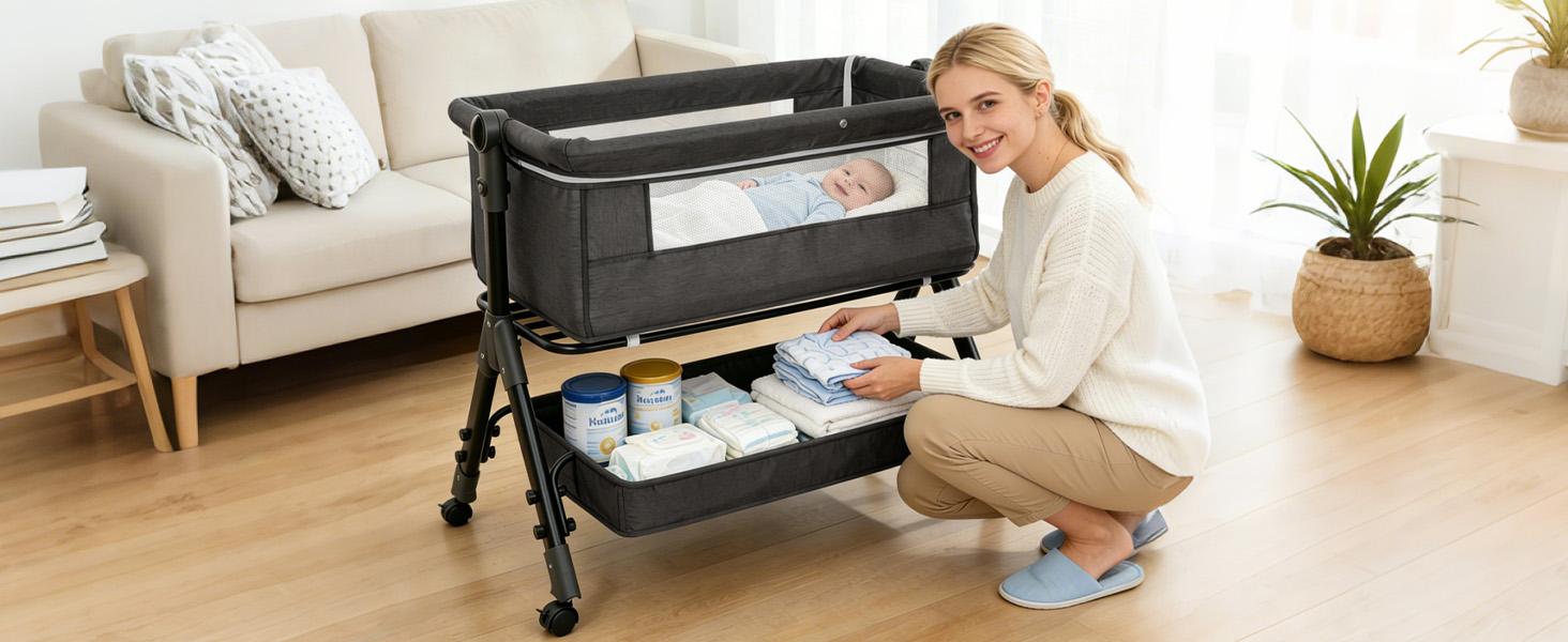 【SummerVibes】 Portable Baby Bed 6-in-1 - Foldable Crib w/ 6 Height Adjustments, Bedside Sleeper, Rocker & Bassinet + Storage Basket & Mattress & Ultra-Quiet Wheels , Nursery Must-Have Folding Sleeping Cot