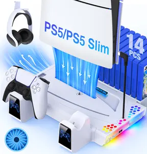 PS5 Stand and Cooling Station with Controller Charging Station for PS5 Slim/PS5, PS5 Accessories 3 Levels Cooling Fan, RGB Light, 15 Game Storage, Headset Holder for Playsation 5 Digital/Disc Console