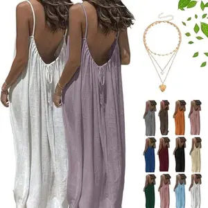 Women’s Backless Spaghetti Strap Maxi Dress, Loose Fit Sleeveless Cami Nightgown, Casual Soft Lounge Dress with Adjustable Back Tie, Breathable Solid Color Sundress, Beach Cover Up, Sleepwear & Homewear