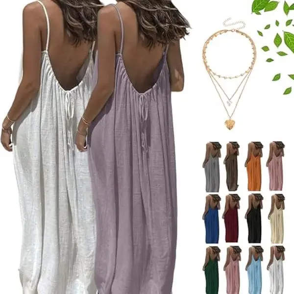 Women’s Casual Minimalist Pleated Backless Spaghetti Strap Maxi Dress - Thin, Comfy, Drapey Loose-Fit Sleeveless Cami, Adjustable Back Tie, Breathable Solid Color, Beach Cover Up, Sleepwear/Loungewear