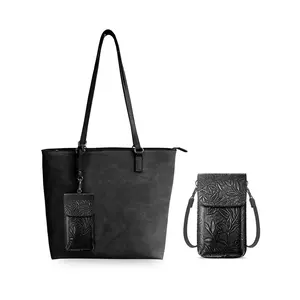 Techy Tote Combo, features a 3/4" comfort shoulder strap with a 13" drop, a 60" adjustable crossbody strap, a phone case for large Galaxy phones, multiple pockets, and a sliding "O" ring for easy access.