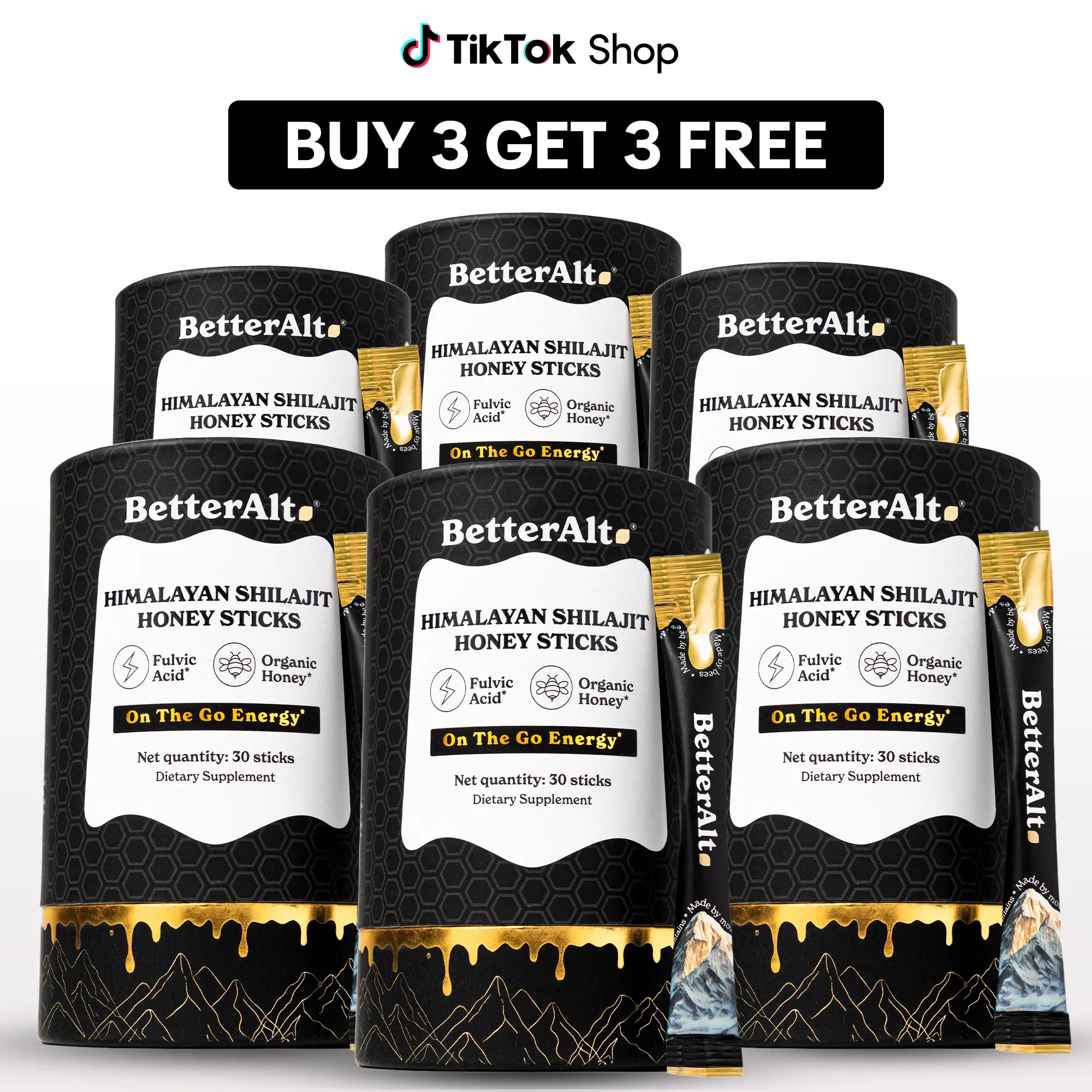 B3G3 Packs of BetterAlt GOLD+ Shilajit Honey Sticks | Caramel, Cinnamon and Clas...