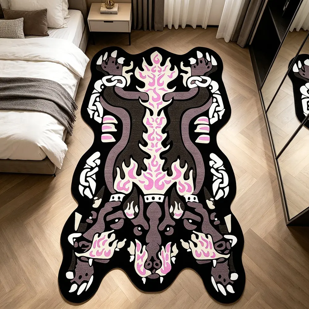 Gothic Style Creative Cool Irregular Flame Three-Headed Dog Bedroom Rug, Elegant Rug, Soft Easy Clean Plush Carpet, Home Decor Rugs for Living Room, Bedroom, Kitchen, Bathroom