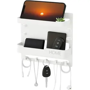 Wall Mount Bedside Shelf with Hooks, Adhesive Bedroom Organizer Storage for Phone, Remote, Kindle, Earphone, Dorm Room, RV, Office  Plastic Storage Rack (White)