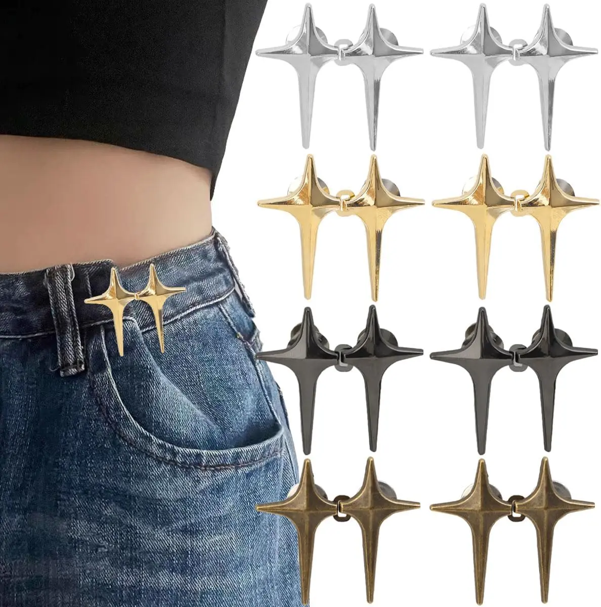 Black Metal Buckle Pant Waist Tightener Set - 12 Pieces, 4 Metal Pins, Star Shape, Smooth Texture, Adjustable Size Button, Reusable, Durable, Easy Installation, Comfortable Fit, Versatile Styles, Decorative Sewing Brooch for Loose Jeans, Teenagers