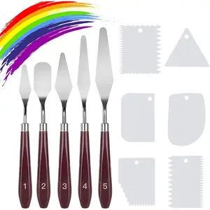 11 Pcs Palette Knife Set, 5 Pcs Stainless Steel Palette Knives and 6 Pcs Plastic Scrapers, Painting Accessories for Oil Acrylic Canvas Painting Color Mixing Thick Paint Applications White