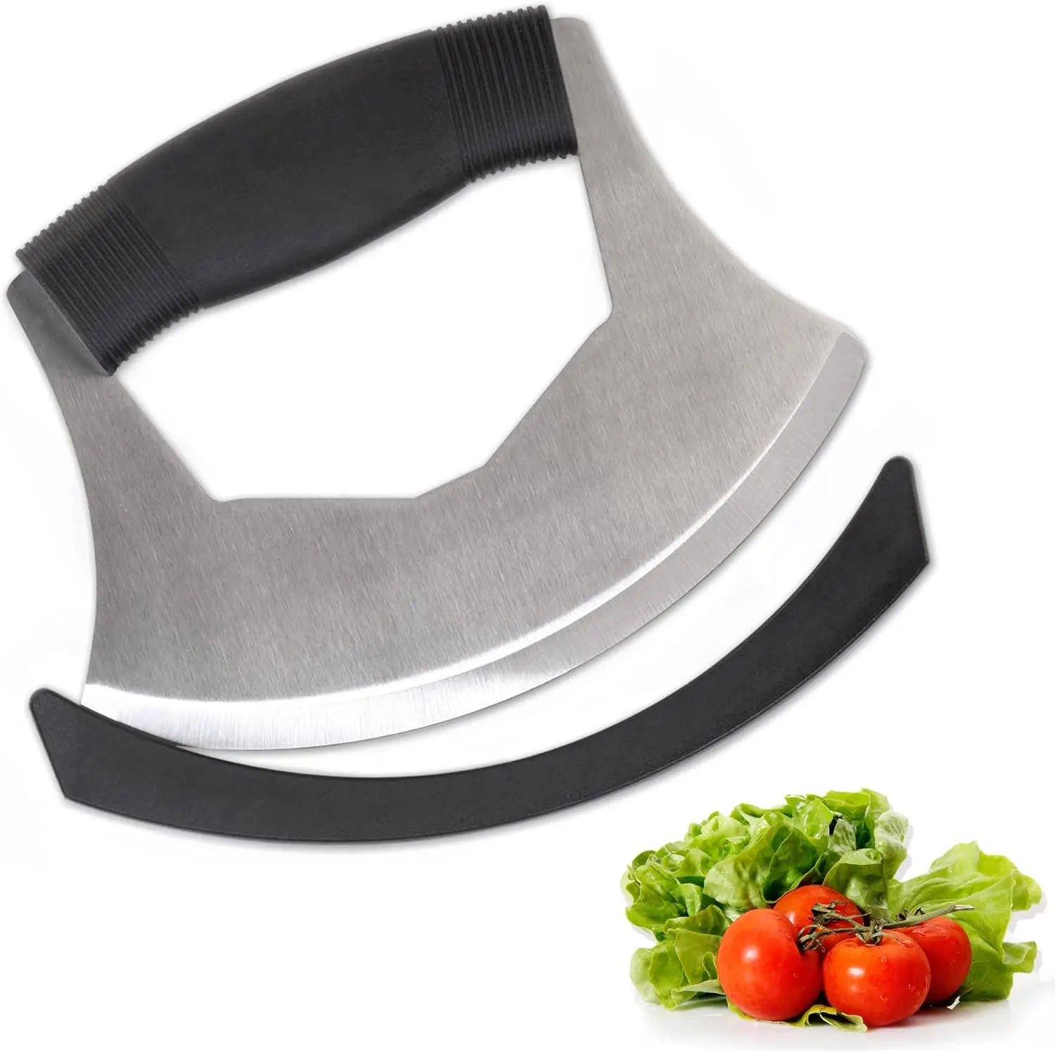 Stainless Steel Handheld Salad Chopper Knife (16.5x12.5cm, Steel+Plastic) - Plastic Protective Cover, Ergonomic Anti-Slip Grip Handle, Kitchen Accessories for Cutting Vegetables, Versatile Onion Cutter