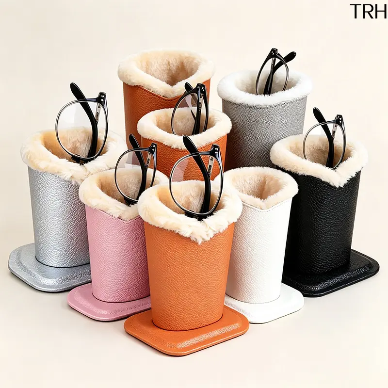 Cup-Shape PU Leather Eyeglasses Holder Stand - 1-Piece Modern Home Accessory with Soft Plush Lining, Anti-Scratch Storage, Desktop Nightstand Organizer for Home Bedroom Decor, All Seasons Use