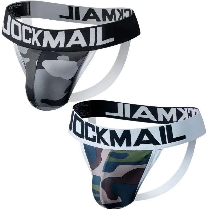 LGBTQ+ Men's 2pcs Camo Print Letter Tape Cut Out Sexy Jockstrap, Casual Sexy Comfy Breathable Thong for Daily Wear, Men's Sexy Streetwear Underwear for All Seasons