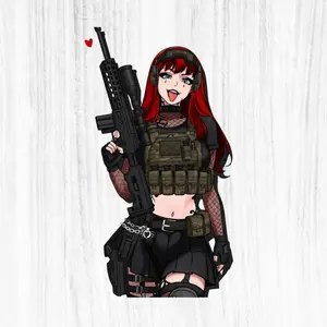 Cute Tactical Anime Girl Sticker – Playful Warrior Pose, Matte Vinyl Decal for Bottles, Bike & Gaming Setup