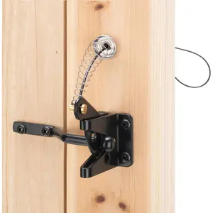 Self Locking Heavy Duty Gate Latch for Wooden Fence, Gravity Lever Fence Door Latches with Steel Spring Cable Pull String, Outdoor Gate Lock Hardware for Secure Pool Garden, Black Finish