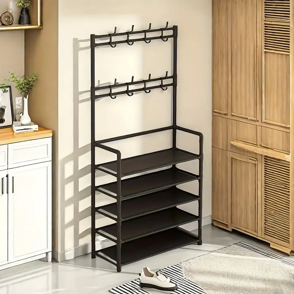 Elegant 23.62inch Metal Shoe & Coat Rack - Multi-Tier Detachable Hooks Perfect For Home Organization