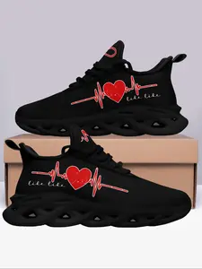 Women's Heartbeat & Letter Designed Lace Up Blade Sole Running Shoes, Casual Comfortable Sports Shoes for Daily Wear, Female All-match Round Toe Sneakers for Daily Wear