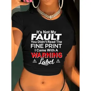 Women's Simple Short-Sleeve T-Shirt - Pure Crop Top with Chic Cheeky Warning Label Graphic, Ideal for Day and Everyday Wear