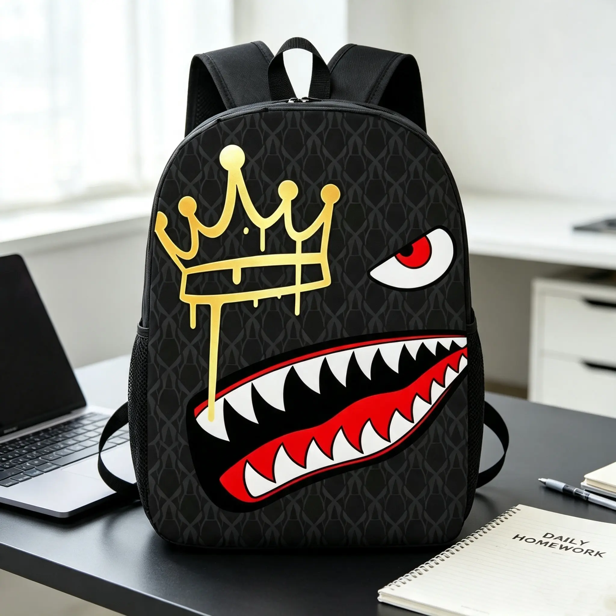 Crown Shark Print Foldable Synthetic Backpack, Large Capacity Lightweight Backpack, Dust-proof and Machine Washable, Suitable for School, Travel and Daily Use, Large Capacity Lightweight Backpack