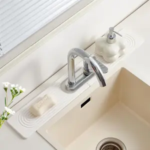 Stone Faucet Mat for Kitchen Sink with Oval Hole - 23.6" x 3.9" Diatomite Drying Stone Mat & Sink Protector, Quick-Dry Splash Guard Water-Absorbing Tray for Bathroom Counter(White.23.6 x 3.9)