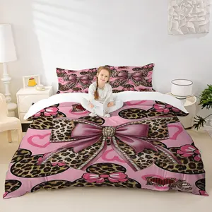 2/3Pcs Y2K Leopard Bow Duvet Cover Set, Cute Mickey Mouse Ear Print Bedding Set, Adorable Pastel Pink Background,for Stylish Girls’ Bedroom, Unique Gift Idea!, Includes 1 or 2 Pillowcase - No filling/Zipper Closure