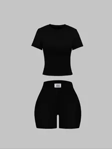 Women's Summer Casual Solid Color Knit Round Neck T-Shirt Shorts Set, Sporty, Daily Wear, Slim-Fitting, All Seasons