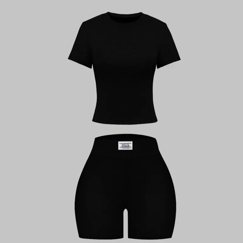 Women's Summer Casual Solid Color Knitted Round Neck T-Shirt Shorts Matching Set, Comfortable and Stylish, Perfect for Daily Wear