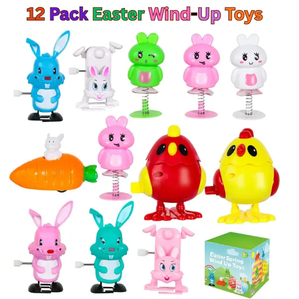 12-Pack Unisex Easter Theme Wind-Up Toys, Bunny Party Favors for Kids’ Easter Basket Stuffers