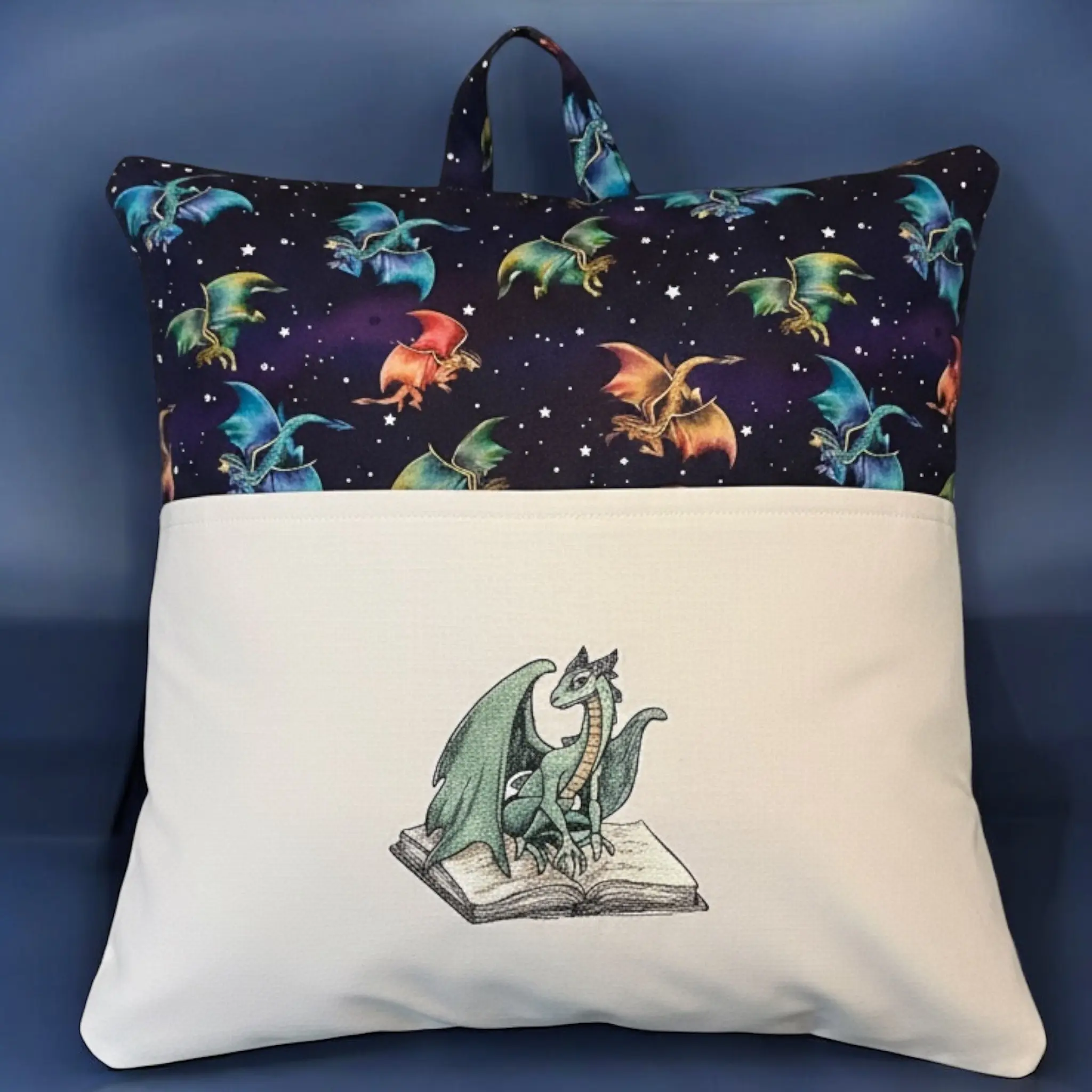 Dragon Reading Pillow Handcrafted Cotton with Detailed Embroidery & Carry Handle for Boys Room Reading Enthusiasts Unique Gift Option