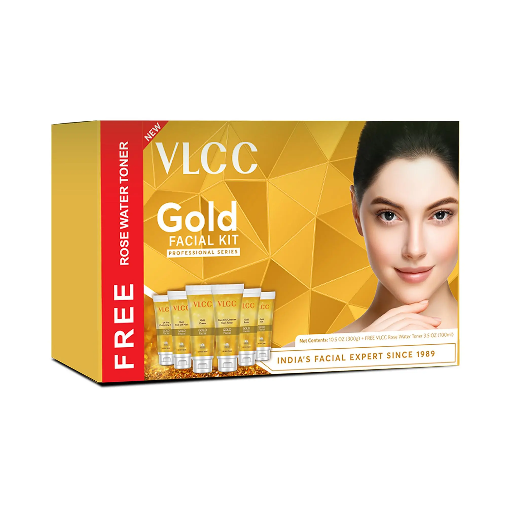 VLCC Gold Facial Kit - Includes 7 Skin Care Products - Cleanser, Face Cream, Face Mask, Gels and Scrub with Hyaluronic Acid and Allantoin - 7 pc
