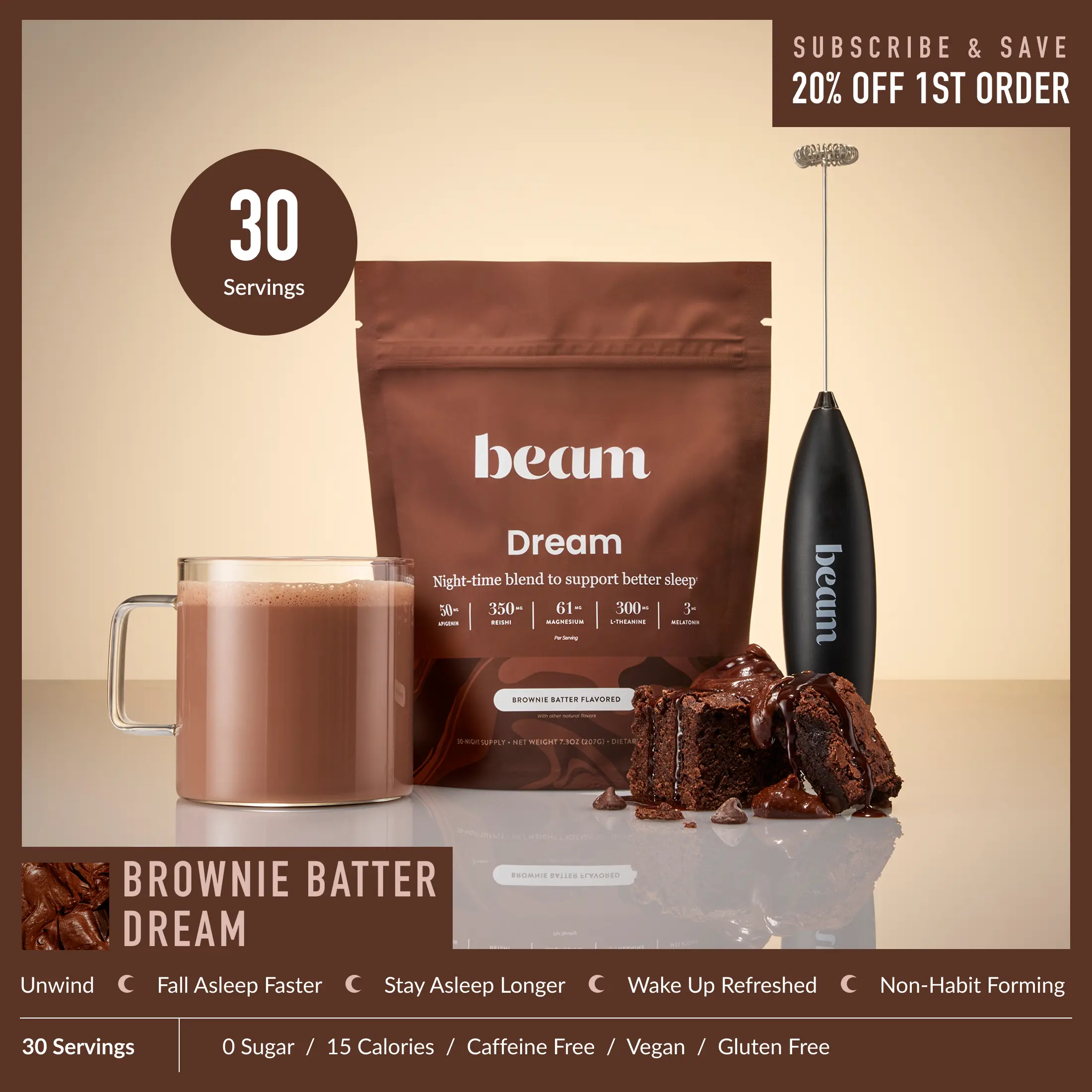 Beam Dream Viral Organic Nighttime Hot Cocoa Beverage - Melatonin Sleep Aid with L-Theanine & Magnesium, 20-30 Servings/Bag, 5 Flavors (Brownie Batter, Peanut, Caramel), Sugar Free, Gluten Free, Low Calories, Selfcare Wellness Supplement | Summer Sale
