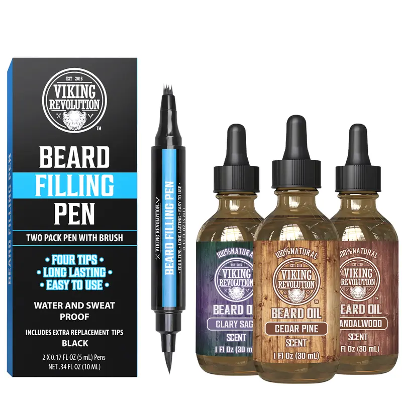 Viking Revolution 3 Pack Beard Oil & Beard Filling Pen Bundle - Argan & Jojoba Oils Moisturizing in: Sandalwood, Cedar & Pine, Clary Sage scents (1oz each) + Black Beard Pen 2 Pack, Includes a Brush