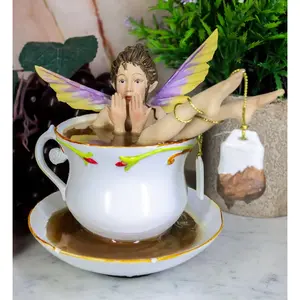 Magical Encounters Shocked Fairy Bathing In Tea Cup Figurine Fantasy Collectible