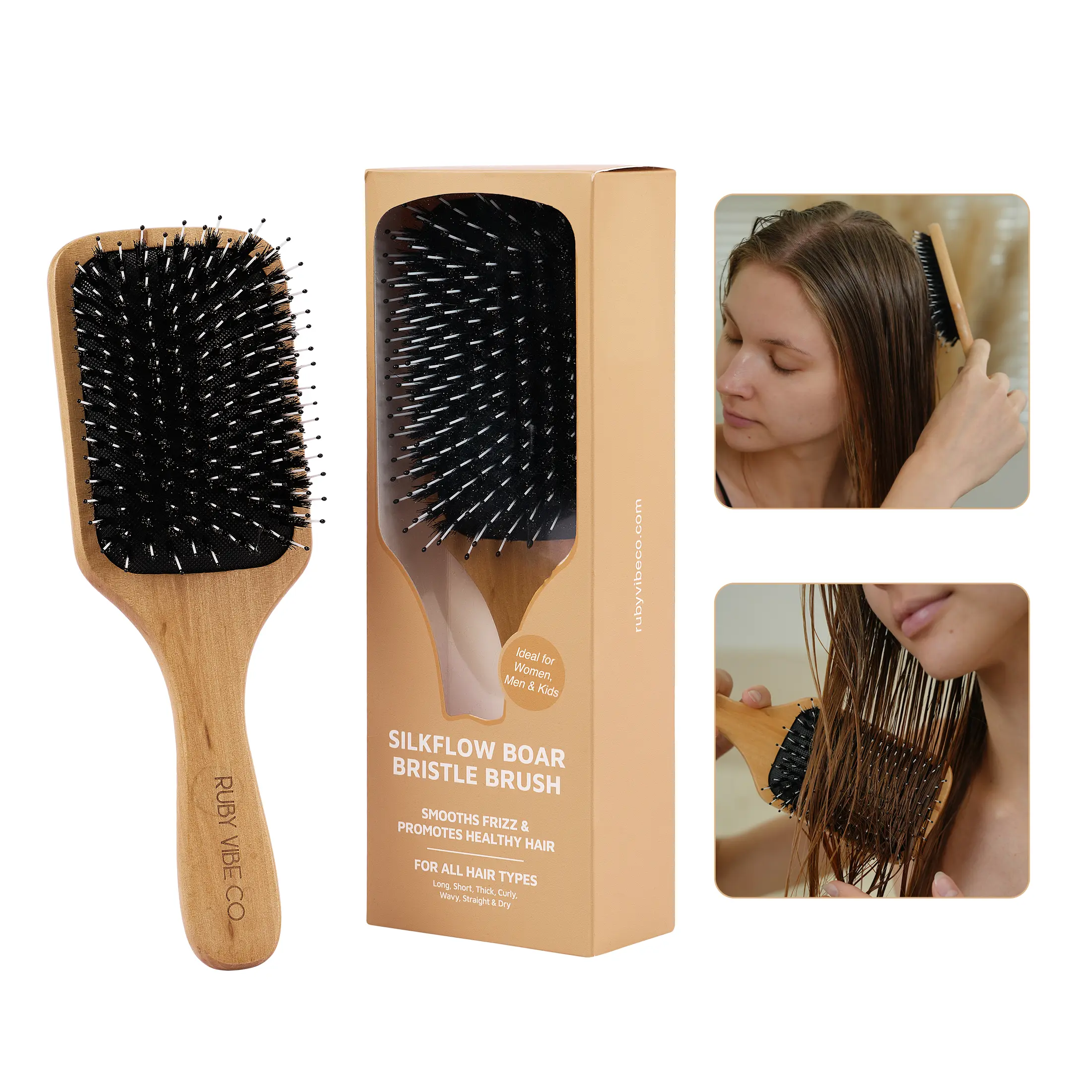 RUBY VIBE CO Bamboo Hair Brush, Boar Bristle Detangler Brush for Thick, Curly & Straight Hair, Hairbrush for Women, Wet & Dry Wood Brush with Nylon Bristles