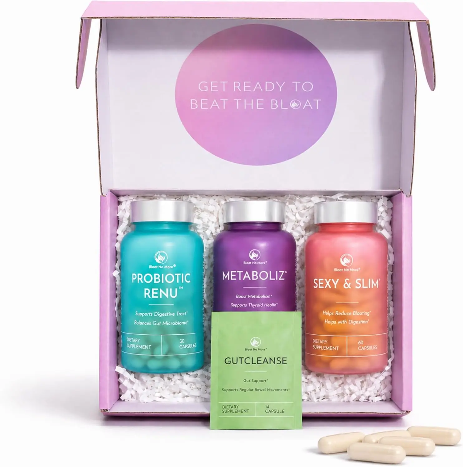 Bloat No More 4-in-1 Wellness Kit for Women I Gut Health, Metabolism, Probiotic & 7-Day Cleanse Bundle I Digestive Enzymes, Thyroid Support, Probiotic Renu & Gentle Colon Cleanse