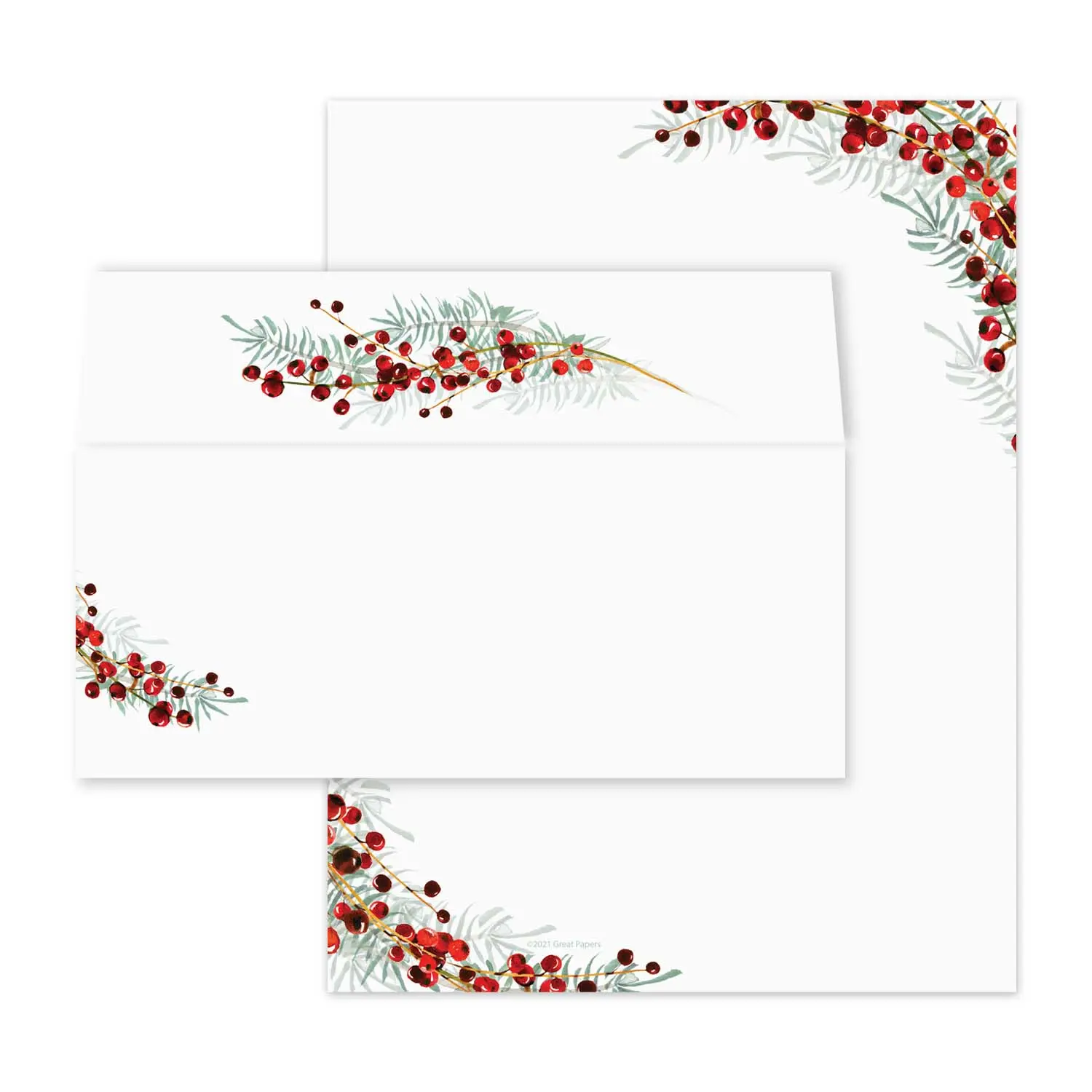 Pine And Berry Holiday Letterhead / 40 Sheets With Full Color Envelopes / 8.5" x 11" Watercolor Christmas Holly Design / Bold And Modern Paper