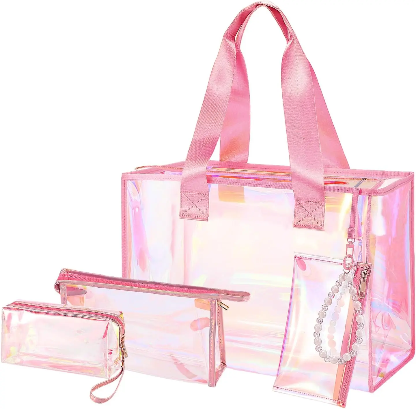 Beach Tote Bag with 3 Small for| 26L Waterproof Clear Jelly Bag, Tip-Foldable, Small for Phone Makeup, for Pool Cruise Travel Gifts