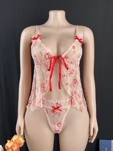 Floral Lace Sheer Babydoll Lingerie Set, 1-Piece Mesh Cami Top & Matching Thong,baddie,bra and sheer blouse,bras,calzone de mujeres,college pjs,women's clothes,outfits inspo,lacy,aesthetic,pretty,outfit ideas