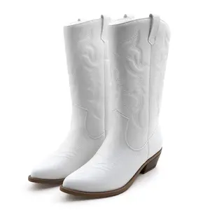 Cowboy Boots for Women Mid-Calf Boot Embroidered Stiching Western Cowgirl Boots Heel