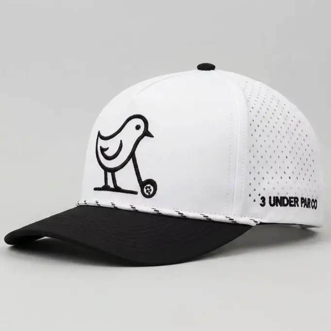 3 Under Par Co "Tap in Bird" Edition Golf Hat - 2 Tone Black/White with Perforated Design and White Trim
