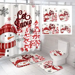 4 Pcs Christmas Snowman Shower Curtain Sets with Non Slip Rugs Toilet Lid Cover Bath Mat and 12 Hooks Let It Snow Winter Snowman Bathroom Decor Snowflake Shower Curtain (Red) Bathroom Decoration Accessories