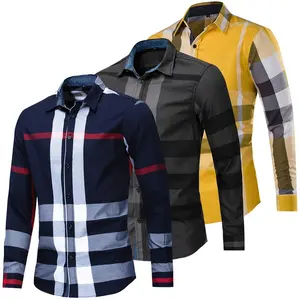 100% Cotton New Fashion 2025 Men's Random Plaid Shirt Long Sleeve Casual Business Button Up Dress Shirts Social Tops for Men