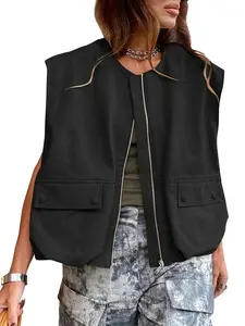 Women's Casual Sleeveless Jacket, Pocket Zipper Vest Coat, Fashion Top for Outdoor Hiking, Shopping, Travel, Loose Fit All Seasons Outerwear
