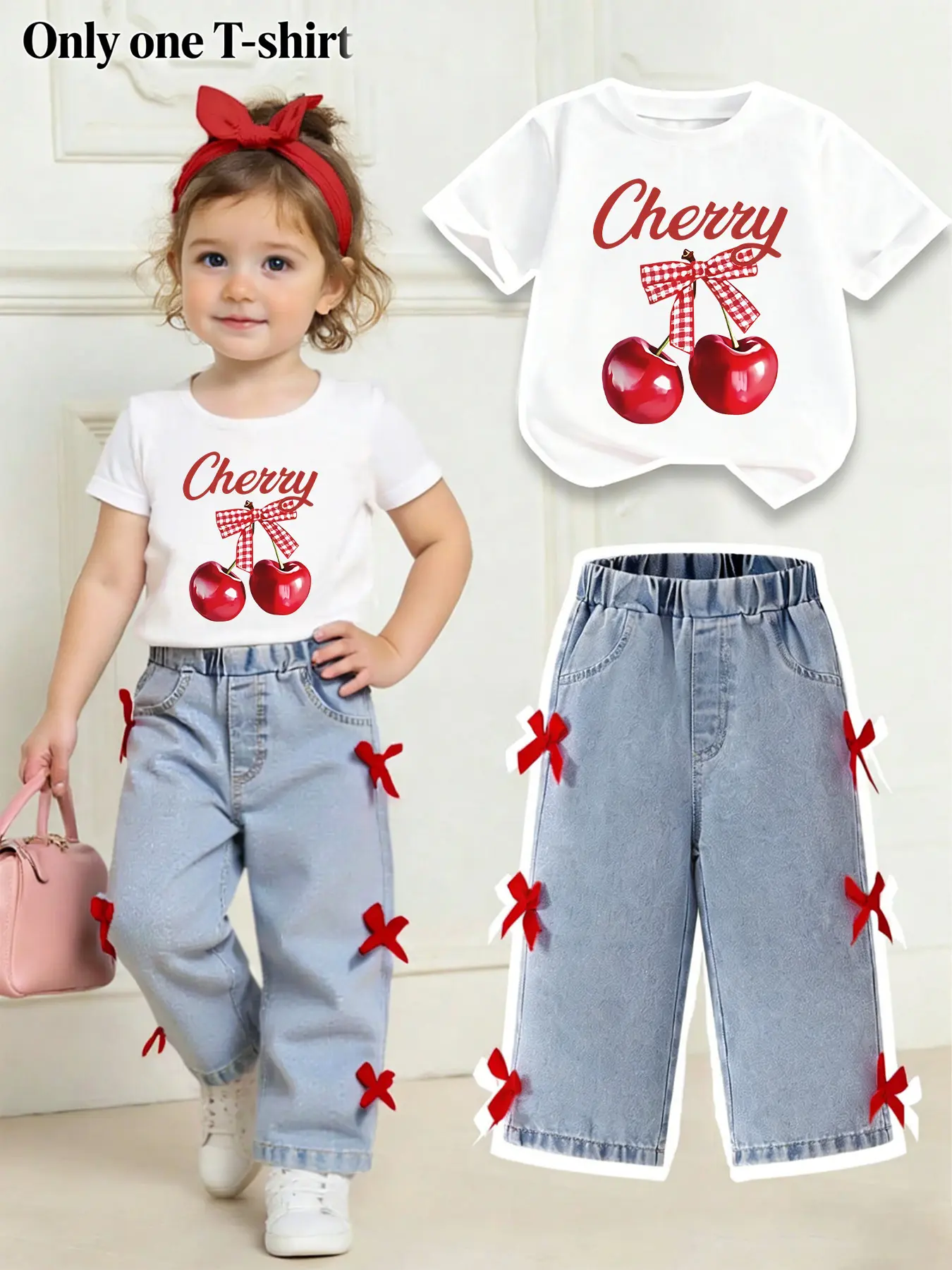 Toddler Girls Cherry Plaid Bow T-Shirt Kids Cherry Letter Graphic Short Sleeve Casual Summer Tee