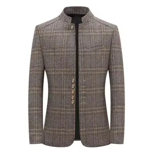 Men’s plaid print button-front blazer, slim business formal suit jacket for spring and fall, men’s clothing for work, office, and business