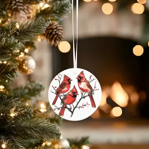 Rustic Christmas Decor Nature-Inspired Red Cardinal Ornament Handcrafted Ceramic Round Circle Gift Lightweight Durable Christmas Tree Decoration