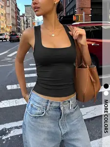 Square Neck Wide Strap Sleeveless Cami Womenswear - Effortless Commuter & Vacation Essential Casual White Tank Top, Sexy Slim Fit Bodycon Ribbed Vest, Versatile Summer Basics
